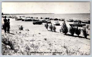 Ipperwash Beach Lined With Cars On Weekends, Ontario, Vintage Chrome Postcard