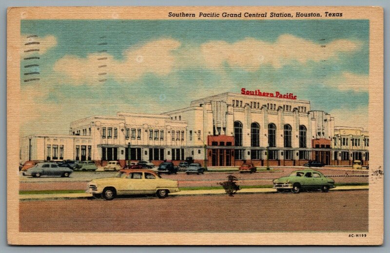 Postcard Houston TX c1957 Southern Pacific Grand Central Station Old Cars CDS