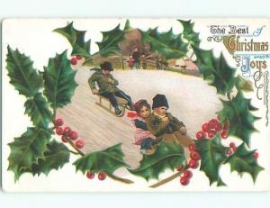 Pre-Linen christmas KIDS RIDING ON TOBOGGAN SLEDS J1708