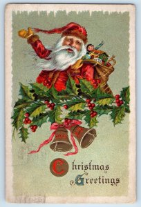 1912 Christmas Greetings Santa Claus Sack Of Toys Berries Bells Posted Postcard