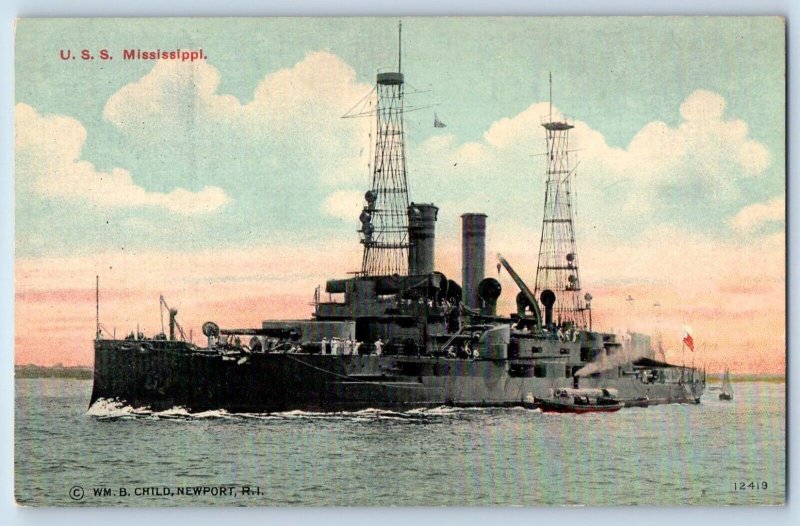 Mississippi MS Postcard U.S.S. Navy Battleship Warship WWI c1910 Vintage Antique