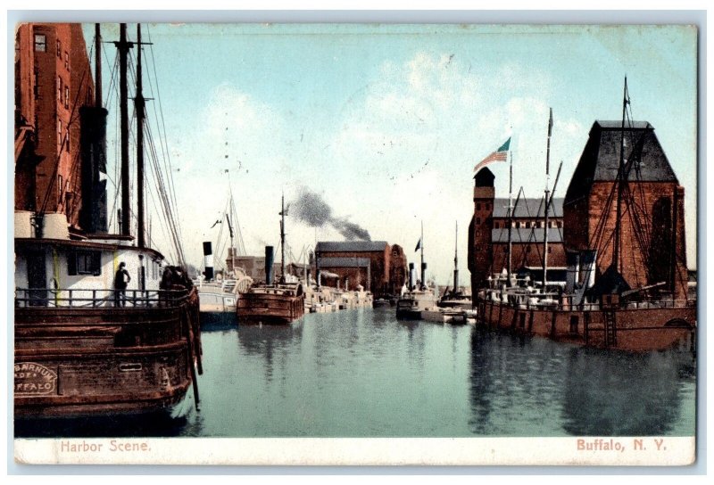 1910 Harbor Scene Ship Boat Stacks Docking Buffalo New York NY Posted Postcard