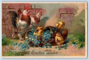 Easter Postcard Chicken Hen Baby Chicks In Dutch Shoe Flowers Embossed c1910's
