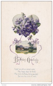 Birthday Greetings Poem, Violets, Purple Bows, Country Scene, 10-20s