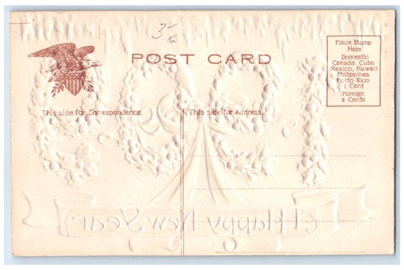 1909 Happy New Year Large Numbers Covered Holly Berries Embossed Postcard