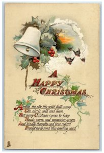 1914 Christmas Message Bell Berries And Birds Embossed Tuck's Antique Postcard