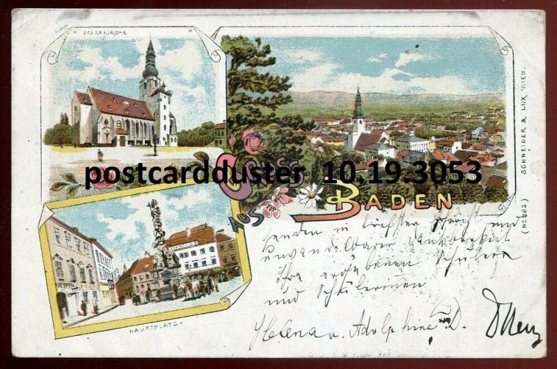 h3789 - AUSTRIA Gruss aus Baden Postcard 1901 Litho Multiview Hauptplatz