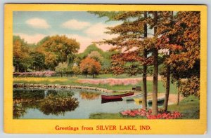 GREETINGS FROM SILVER LAKE INDIANA VINTAGE LINEN POSTCARD*LAKE*CANOES