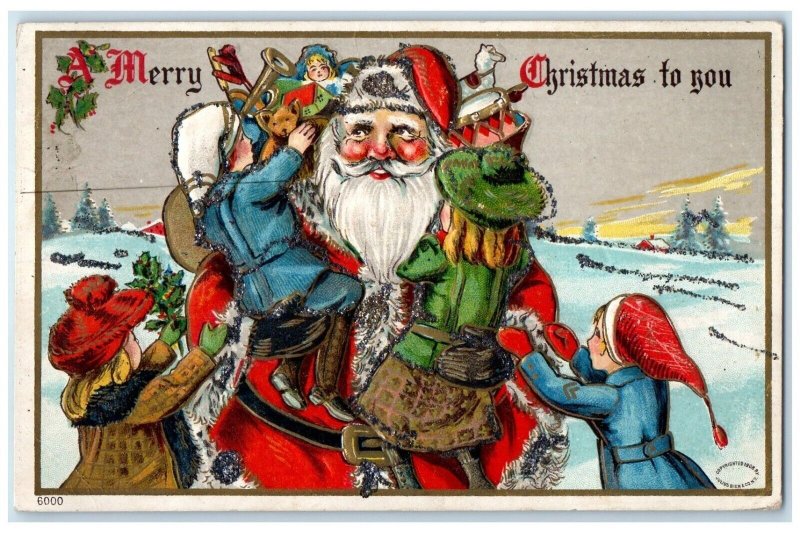 c1910's Christmas Santa Claus Children Sack Of Toys Embossed Glitter Postcard