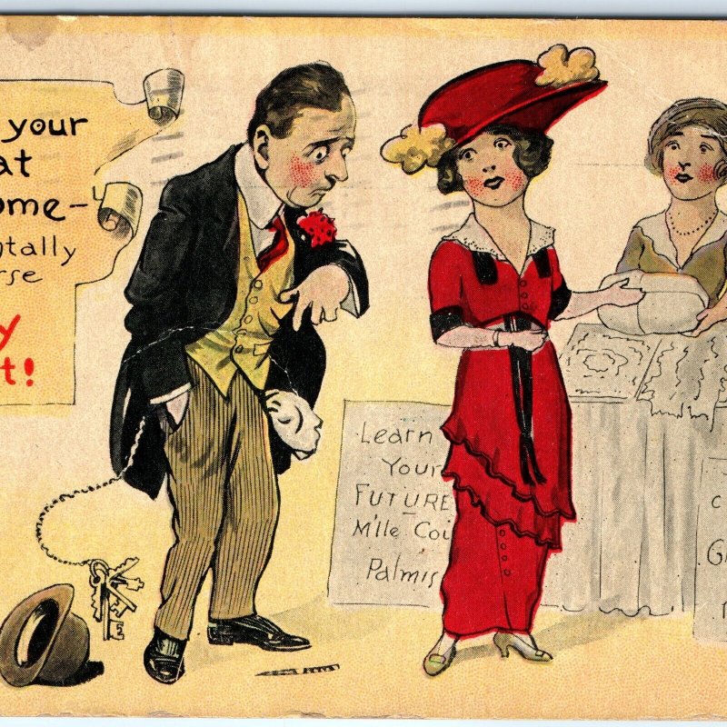 1910 Marital Distress Comic Husband Left Money Wad Home Postcard Wife Shops A80