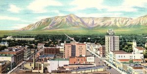 1930s OGDEN UTAH BUSINESS DISTRICT AERIAL VIEW MT BEN LOMOND LINEN POSTCARD P591