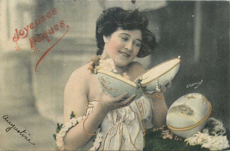 Fancy woman Easter greetings H. Manuel France 1907 postcard