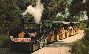 Vintage Postcard Unique Tour Trains Gardens Citrus Grove & Jungle Sarasota Fla.