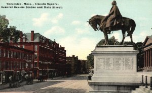 Vintage Postcard Lincoln Square Gen. Devens Statue & Main Street Worcester Mass.