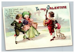 Vintage 1910's International Art Valentines Postcard Edwardian Lute Player Cat
