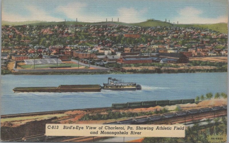 Postcard Bird's Eye View Charleroi PA Showing Athletic Field Monogahela River