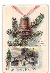 Happy New Year Embossed Postcard 1907-1915 Bell Nature Scene Bridge