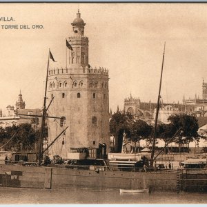c1910s Sevilla Spain Torre del Oro Tower Gold Guadalquivir River Ship Cathedral