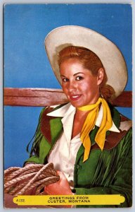 K49/ Custer Montana Postcard Chrome Cowboy Greetings from 105