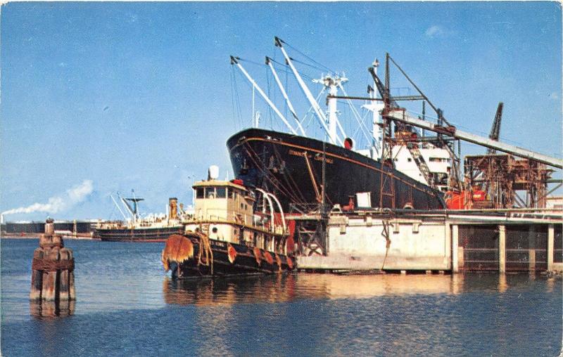 Corpus Christi Texas~Unloading Oil-Cotton-Grain from Ships @ Port~1950s Postcard