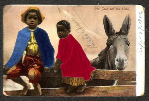 ONE JACK & TWO BLACK BLACK AMERICANA SILK NOVELTY EMBOSSED POSTCARD 1906