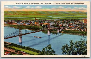 Portsmouth Ohio 1940s Postcard Aerial View US Grant Bridge