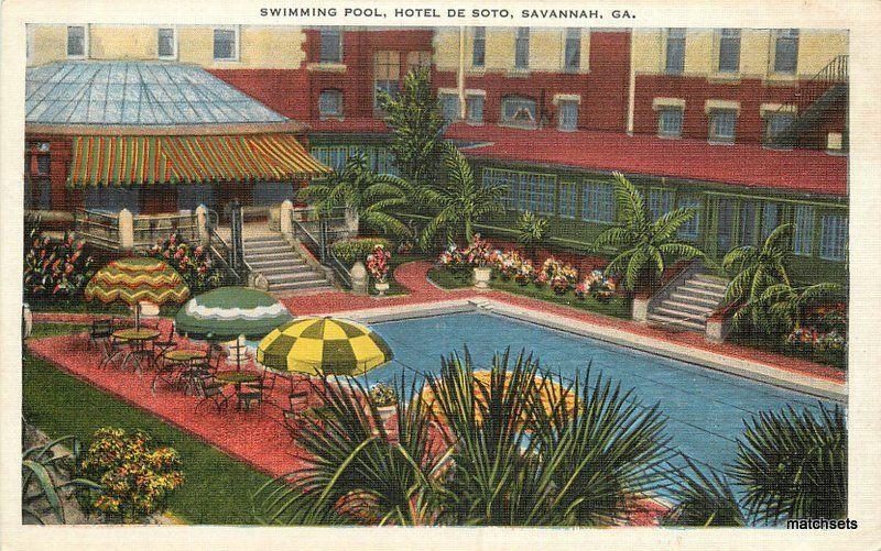 1940s Hotel De Soto Savannah Georgia Swimming Pool Kropp linen postcard 9894
