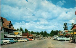 Postcard Automobiles Business Street Scene in Big Bear Lake, California