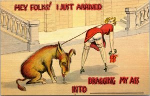 Vintage 1940's Risque Girl w/ Donkey Dragging My Ass Joke Comic Funny Postcard