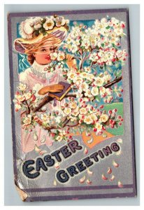 Vintage 1910's Easter Postcard Beautiful Woman White Flowers Purple Border NICE