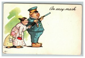 Vintage 1900's Comic Postcard - Police Officer Protects Woman & Child