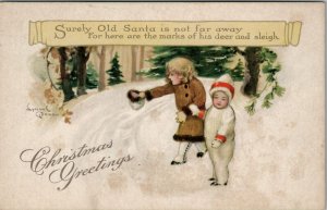 Christmas Children Snow Santa Not Far Away by Lyman Powell 1916 Postcard W15