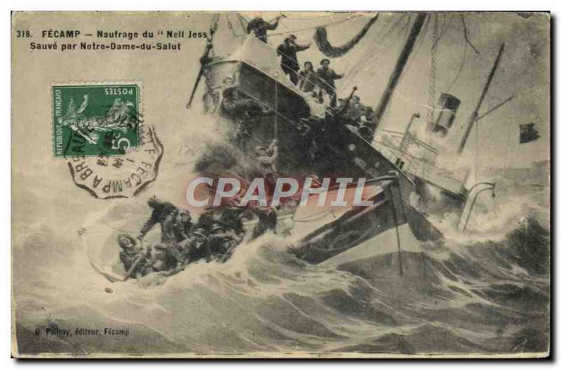 Postcard Fecamp Old Boat Sinking of Neil Jess save with Our Lady of Hi