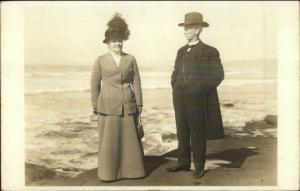 Point Loma CA Older Man & Woman Well Dressed on Beach Real Photo Postcard