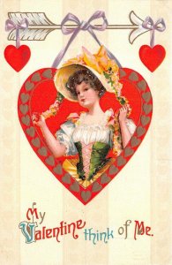 VALENTINE HOLIDAY WOMAN HEART THINK OF ME EMBOSSED POSTCARD (c. 1909)!