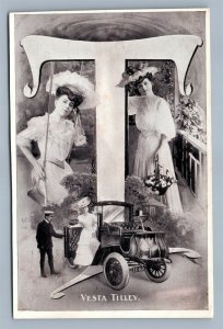 BRITISH MUSIC HALL PERFORMER VESTA TILLEY ANTIQUE POSTCARD collage w/ automobile