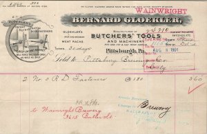 Pittsburgh PA Bernard Gloekler Machinery 1901 Wainwright Brewery Billhead BH39