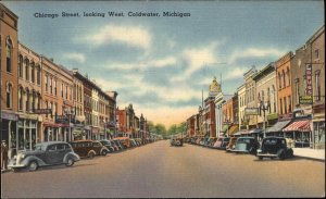 Coldwater Michigan MI Street Scene Linen Vintage Postcard