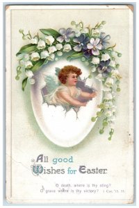 1918 Easter Wishes Angel In Hatched Egg Flowers Clapsaddle Embossed Postcard