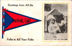 Postcard Child Looking Out Snowcovered Window Pennant Flag Fairfield, California