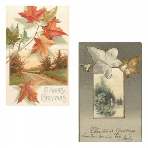 Unit of 2 Raphael Tuck Christmas Greetings Embossed autumnal leafs fantasy