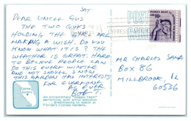 CYPRESS GARDENS, Florida FL ~ Water Skiers ADAGIO TEAM Acrobatic 1980 Postcard