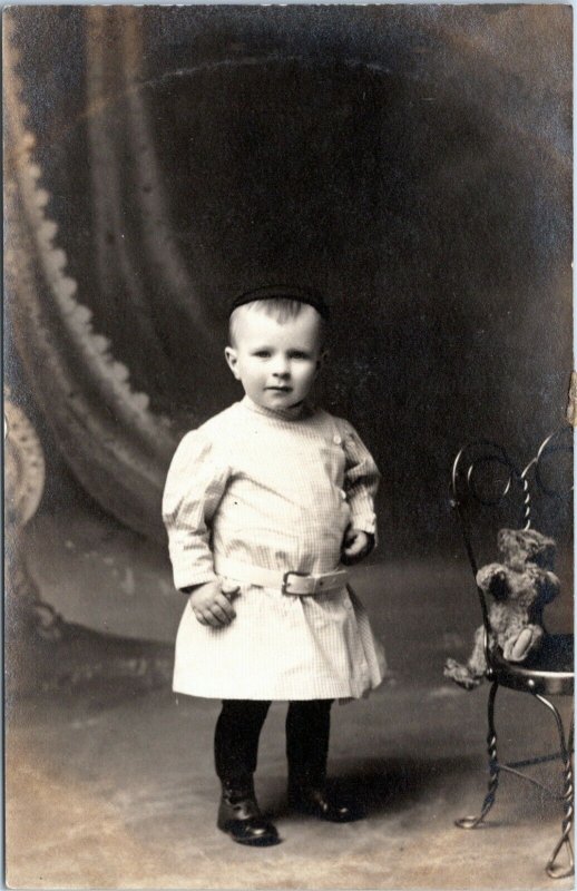 rppc Toddler boy dress shirt hat teddy bear on chair 1910-1924