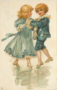 Tuck Art Postcard 1629 Party Invitation, Boy Dances with Girl in Blue, Unposted