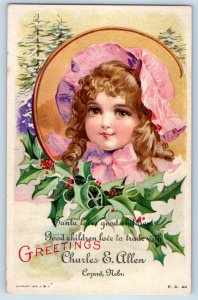 c1910's Christmas Greetings Pretty Girl With Pink Bonnet Cozard NE Postcard
