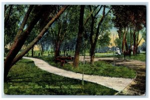 1912 Scene Paris Park Dirt Road Horse Carriage Arkansas City Kansas KS Postcard