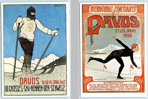 2 Repro Postcards DAVOS, SWITZERLAND ~ Winter Sports SKIING & SKATING  4x6