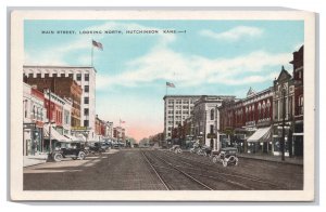 Hutchinson Kansas Main Street Looking North Trolley Tracks Store Fronts Postcard
