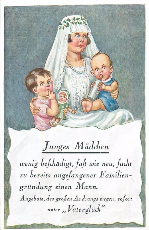 AK German sarcastic humour Junges Madchen lucky young bride girl with babies 