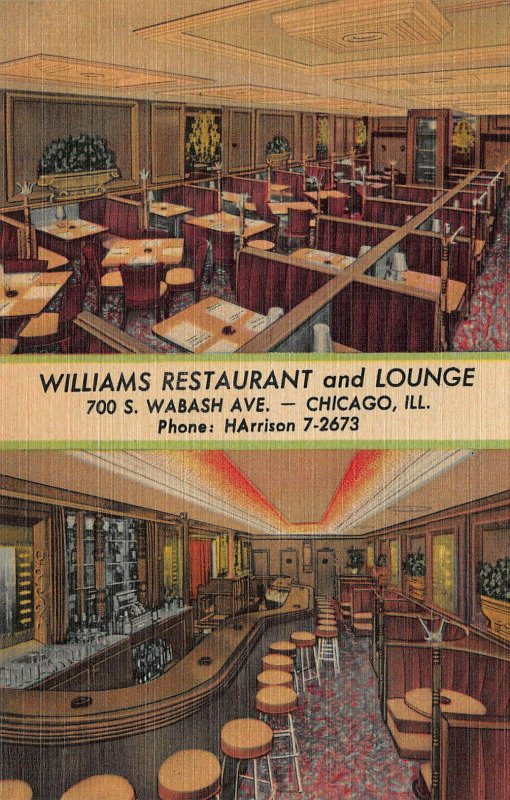 Williams Restaurant and Lounge, Chicago, IL, Early Linen Postcard, Unused 